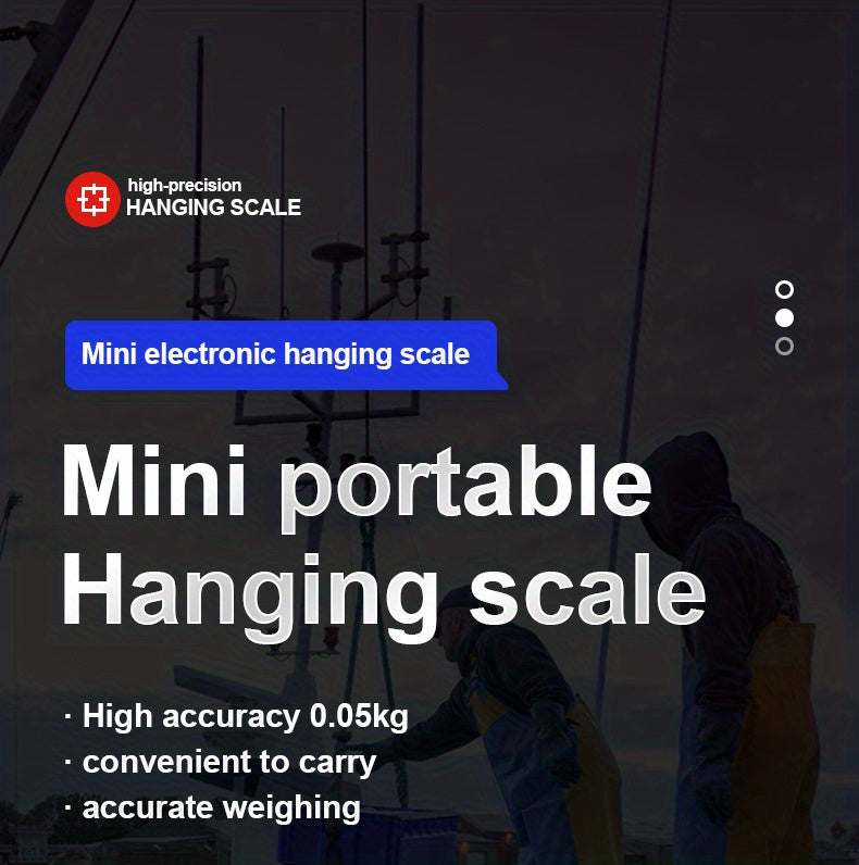 Advertisement for a mini electronic hanging scale with text and logo on a dark background.