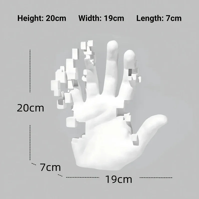 White hand model with measurements on a gray background