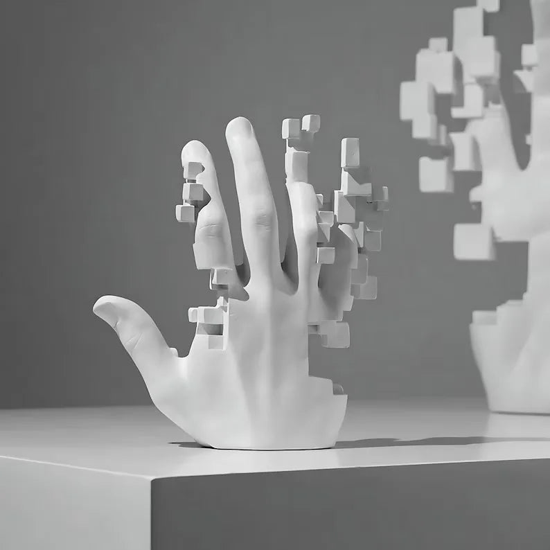 Abstract sculpture of a hand with geometric elements on a gray background