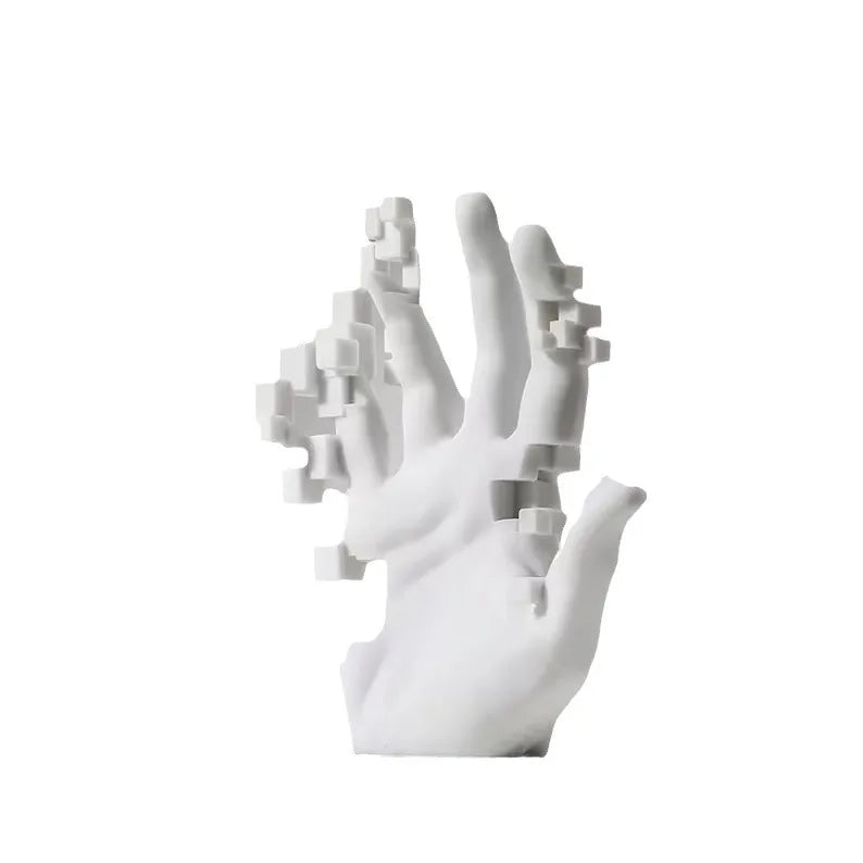 White hand sculpture with a digital, pixelated design on a white background