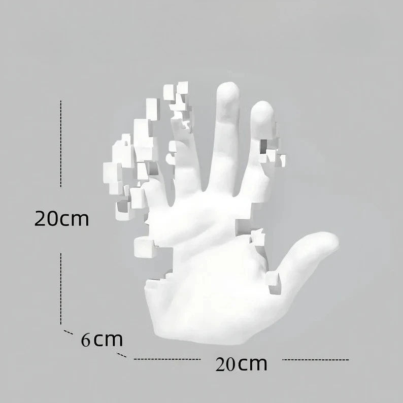 White hand-shaped object with measurements on a gray background