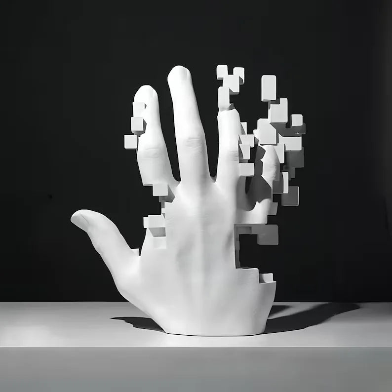 White hand sculpture with pixelated design on a black background