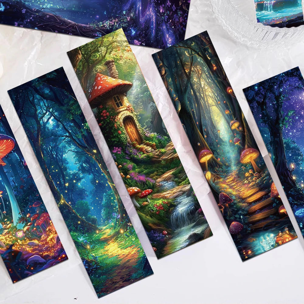 Fantasy landscape bookmarks with mushroom houses and magical forests on a white surface.