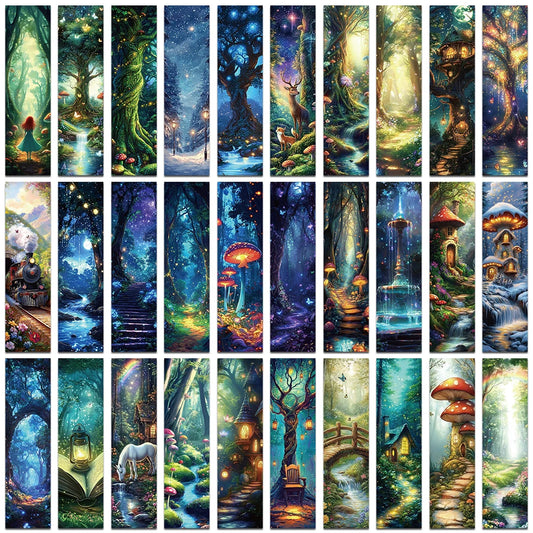 Collection of colorful forest-themed bookmarks with various scenes.