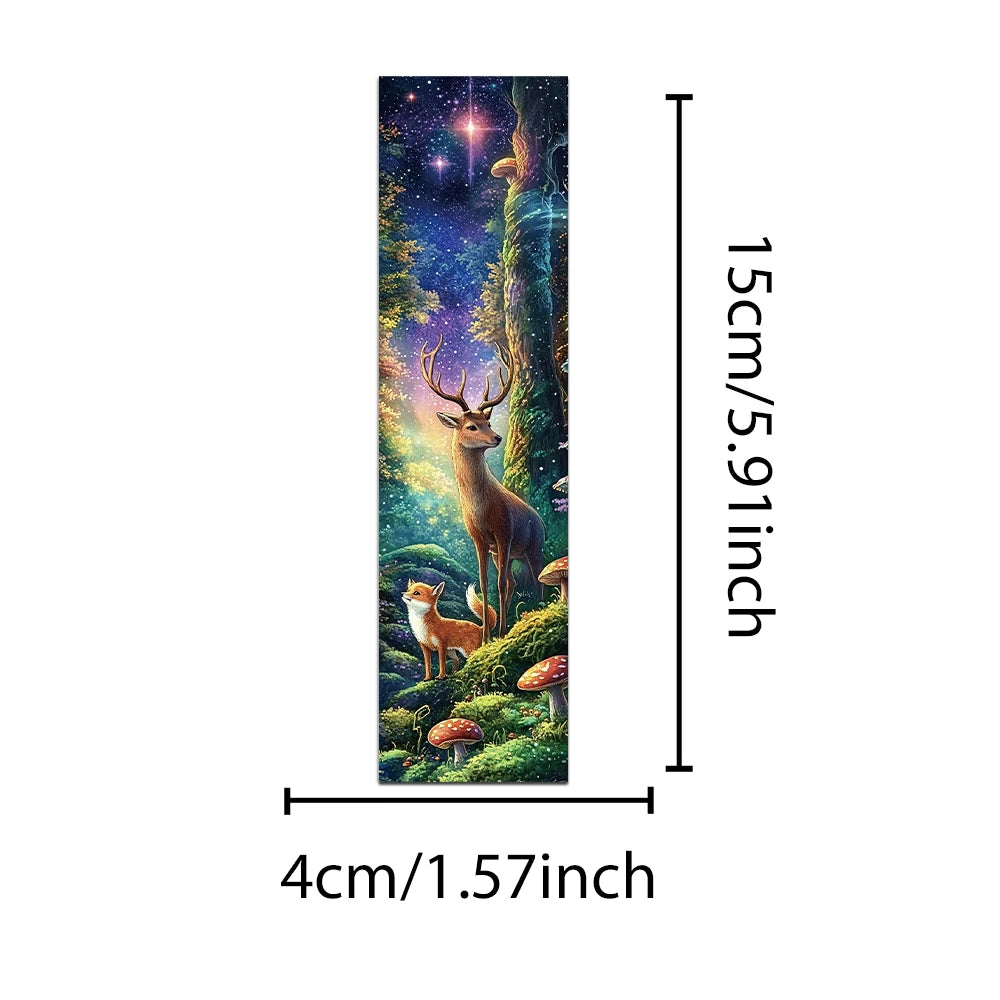 Bookmark with artwork of a deer and fox in a forest with measurements on a white background