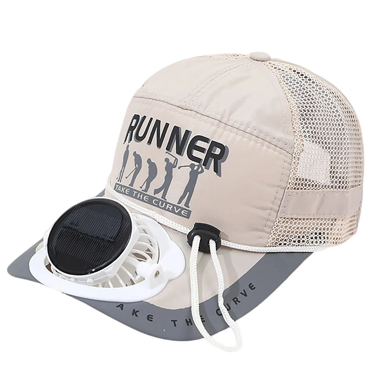Beige cap with solar fan attached on a white background