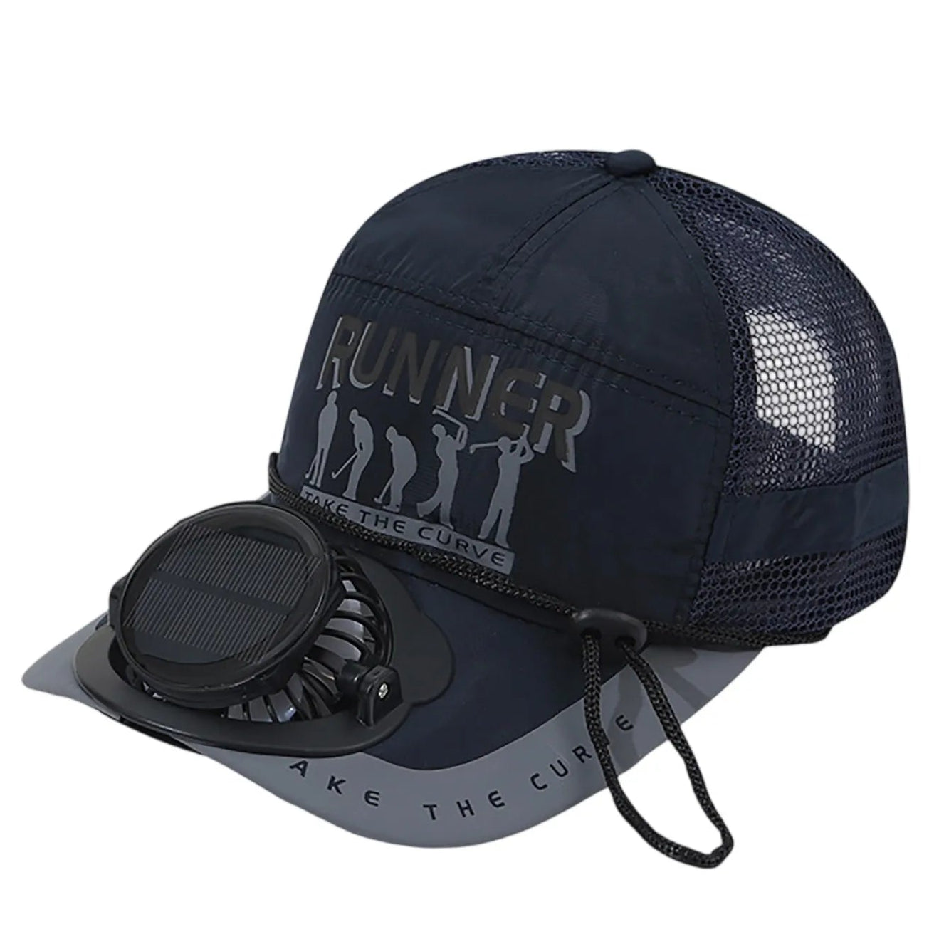 Navy blue cap with mesh back and black fan on a white background