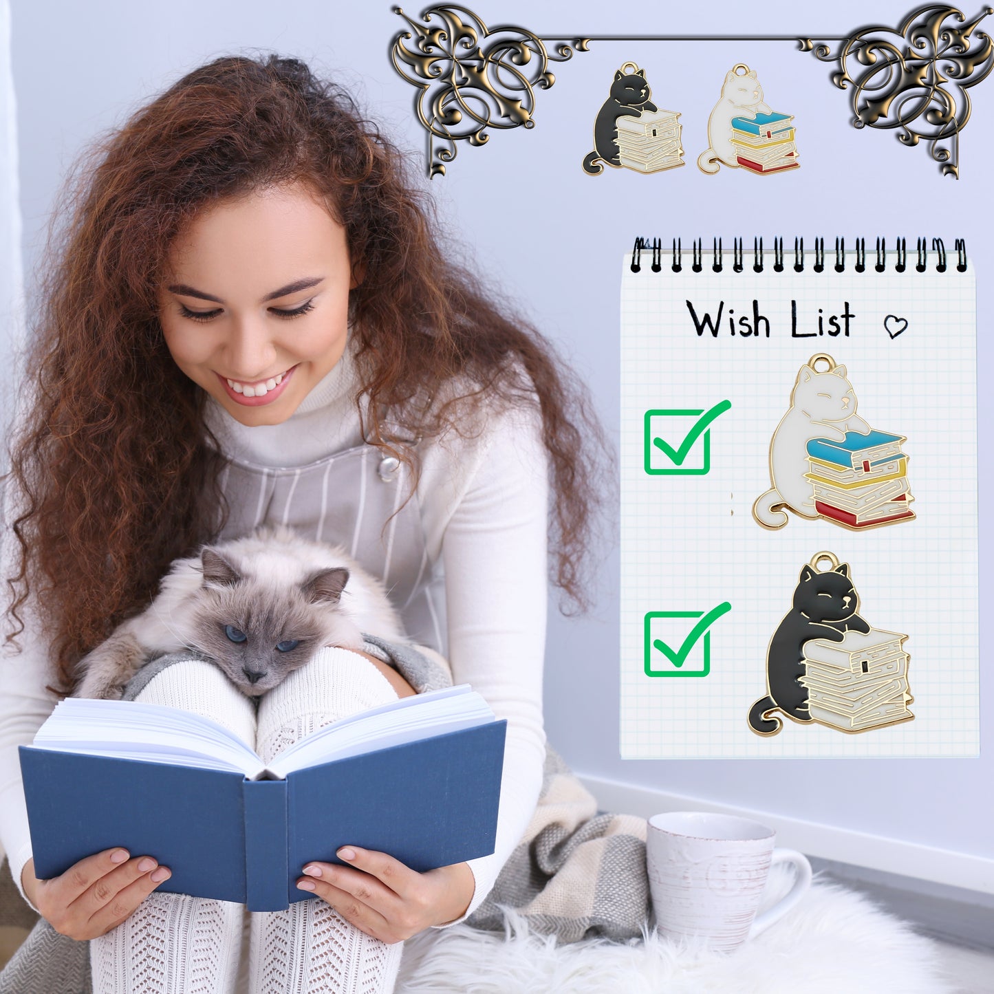 Necklace pendants showing a husky cat hugging a stack of books charm. Options are black cat and white books and white cat with multi-colored books.