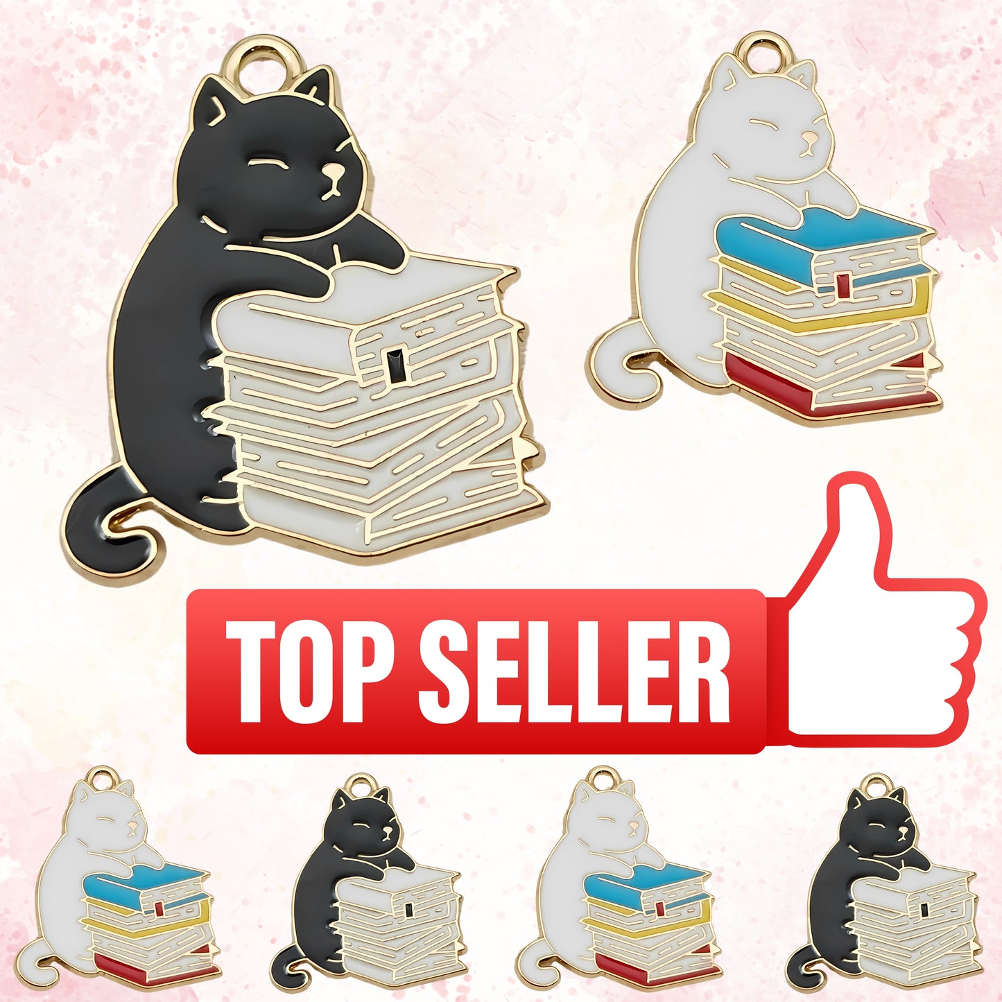 Necklace pendants showing a husky cat hugging a stack of books charm. Options are black cat and white books and white cat with multi-colored books.