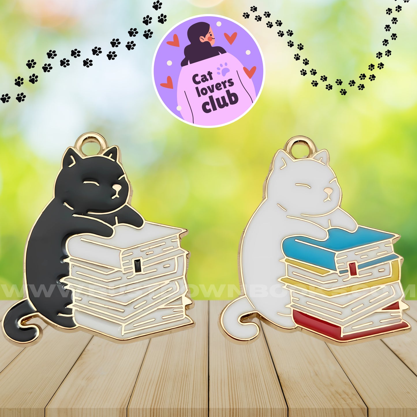 Necklace pendants showing a husky cat hugging a stack of books charm. Options are black cat and white books and white cat with multi-colored books.