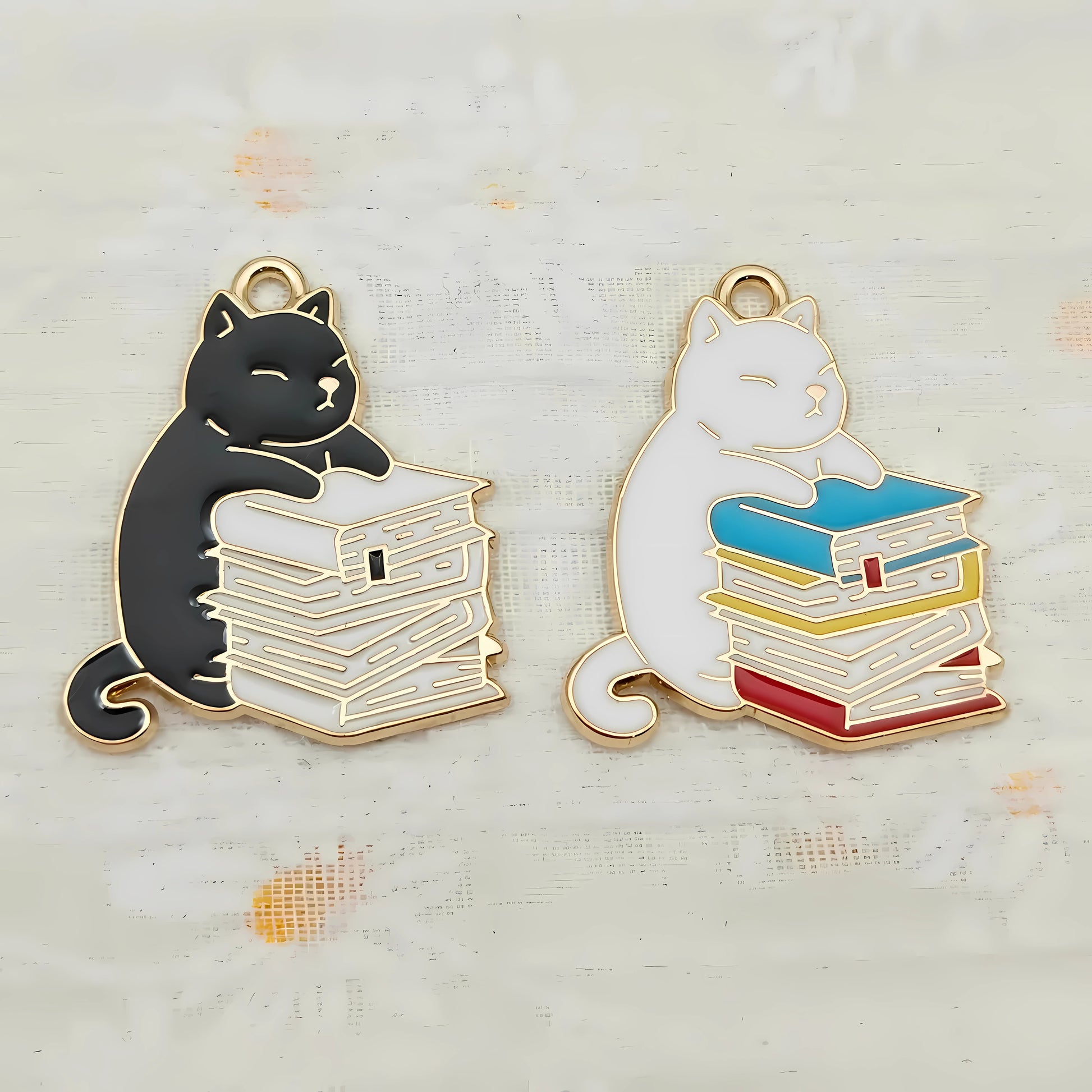 Necklace pendants showing a husky cat hugging a stack of books charm. Options are black cat and white books and white cat with multi-colored books.