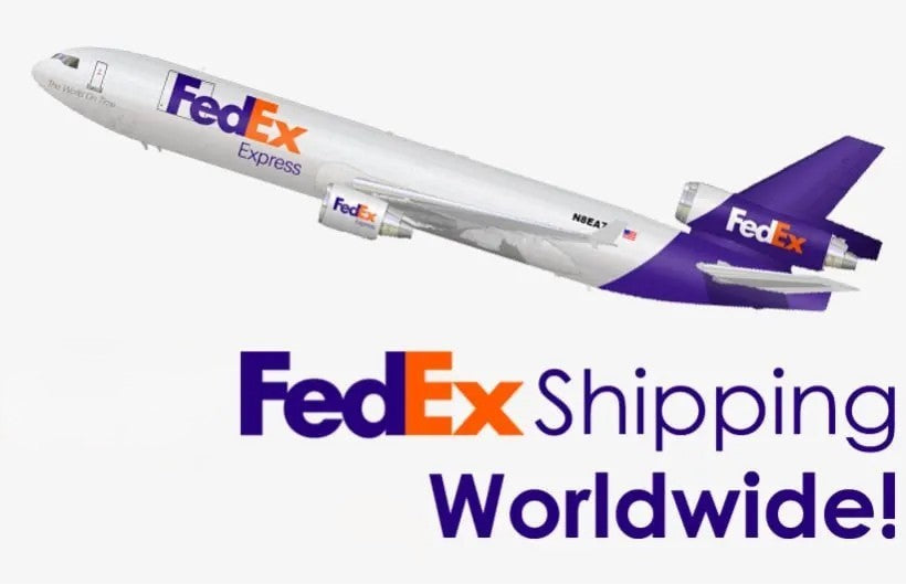 FedEx airplane with 'FedEx Shipping Worldwide!' text on a white background