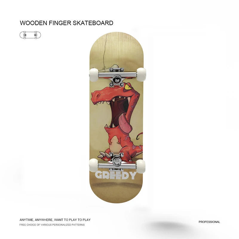 Wooden finger skateboard with a cartoonish red creature design on a beige background