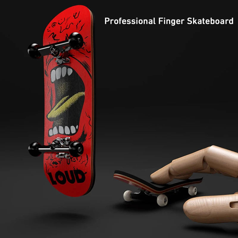 Red finger skateboard with a graphic design on a black background