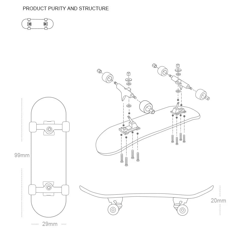 Technical diagram of a skateboard with labeled parts and measurements.