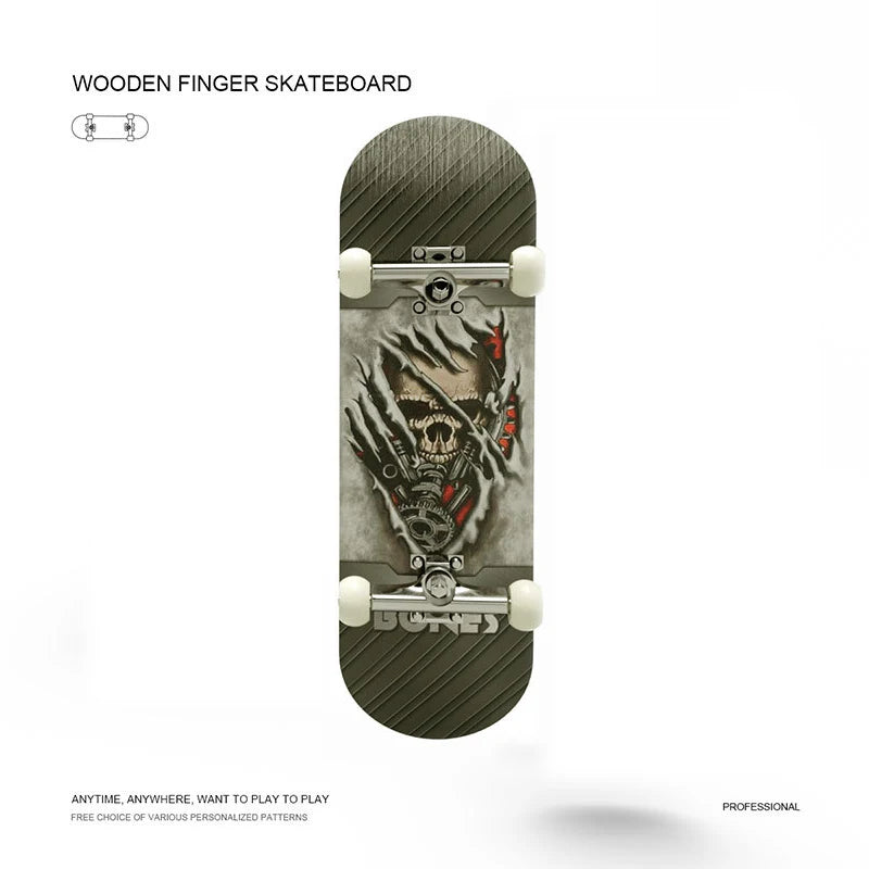 Wooden finger skateboard with a skull design on a white background