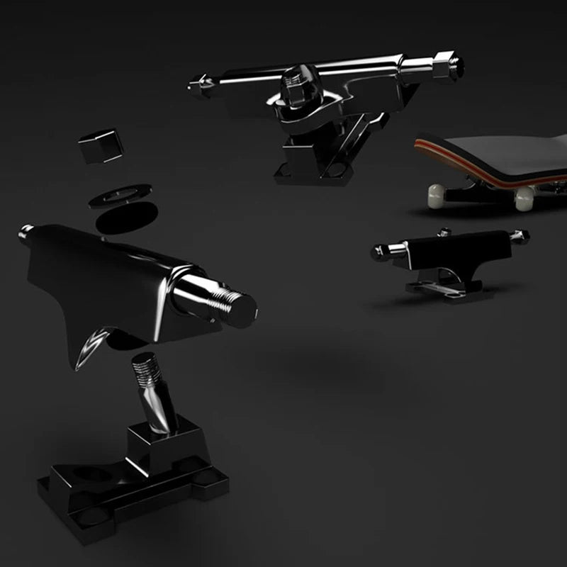 Skateboard truck components on a dark background