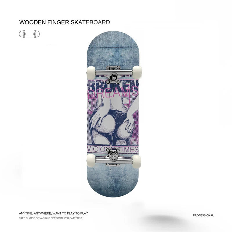 Wooden finger skateboard with graphic design on a white background