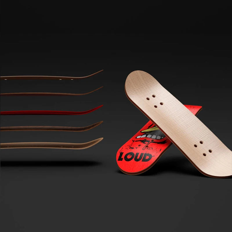 Skateboard deck with 'LOUD' branding on a dark background