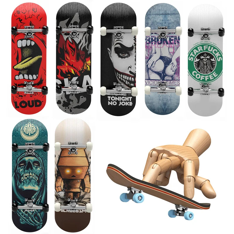 Collection of various skateboard decks with different designs and a wooden mannequin on a white background.