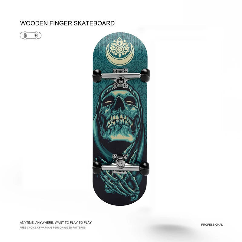 Wooden finger skateboard with skull design on a white background