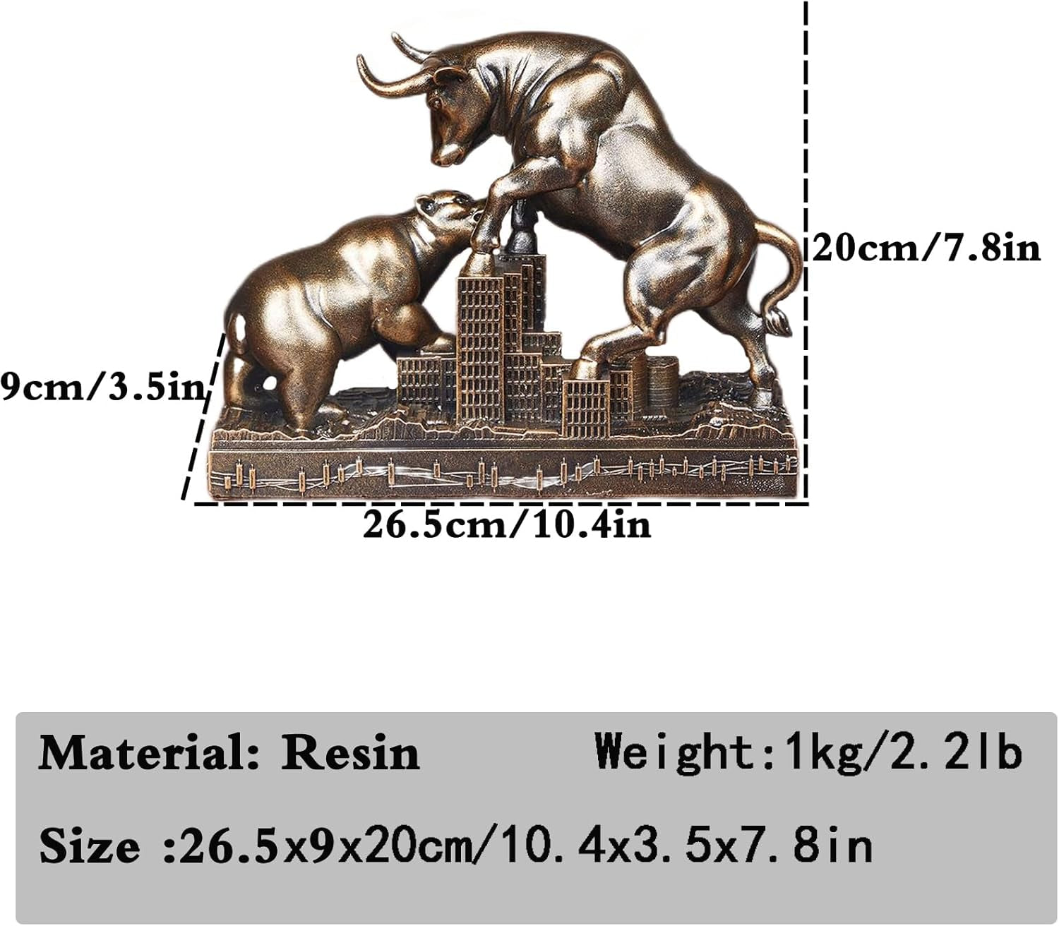 Bronze bull and bear statue dimensions, material, and weight chart.