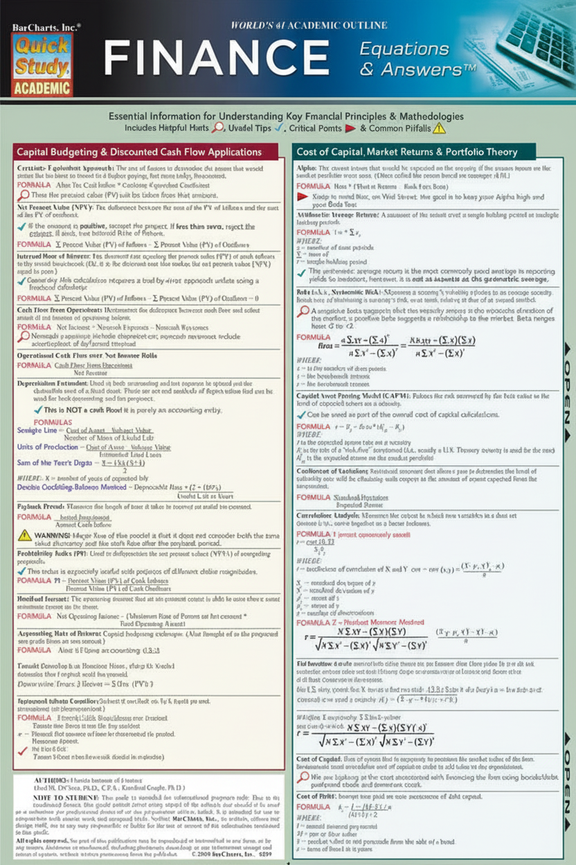 A financial equations rapid reference chart with panels detailing different financial topics such as capital budgeting, cost of capital, and financial forecasting. It includes equations and answers to study questions.