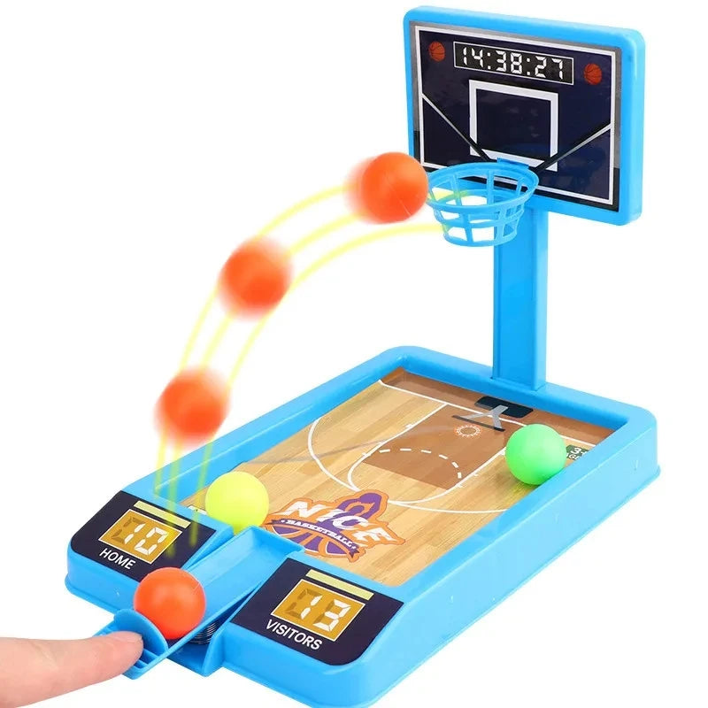 Toy basketball hoop set with digital display and colorful balls on a white background