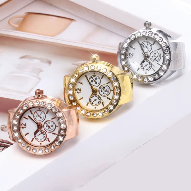 Multiple color options of the Finger Ring Watch Bust-Down | Always On Time Finger Shine, on a white and light colored background.