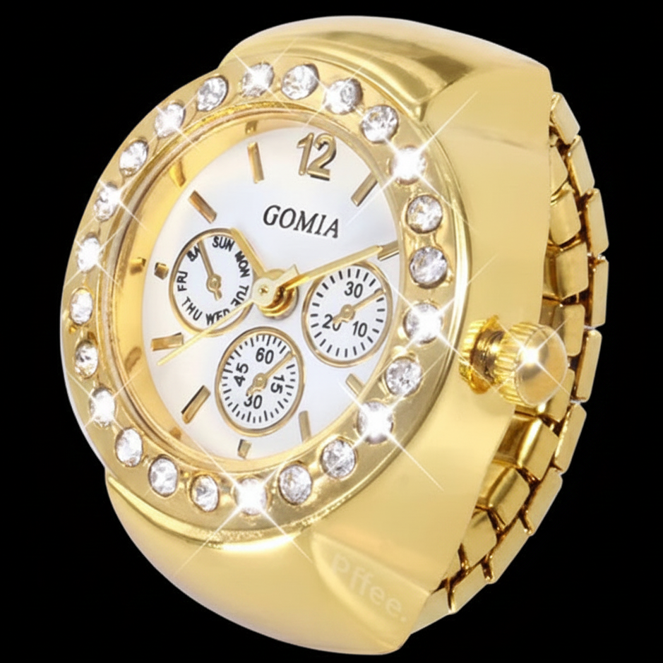 Gold-tone finger ring watch with a wide metal adjustable fit, crystal-studded bezel, and a white dial featuring three subdials and the brand name.