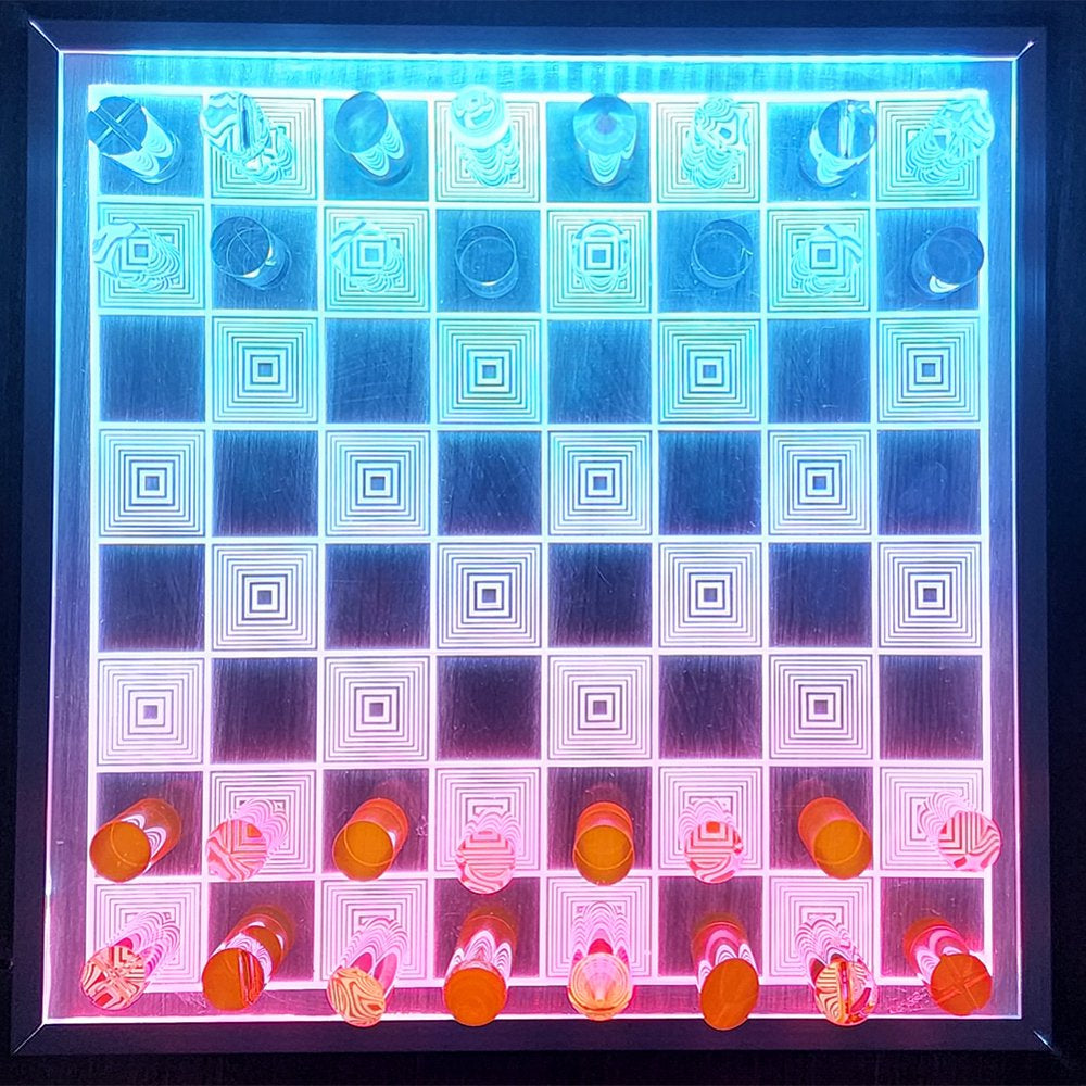 Bust-Down Luxury LED Chess board illuminated in the dark, showcasing the futuristic aesthetic.