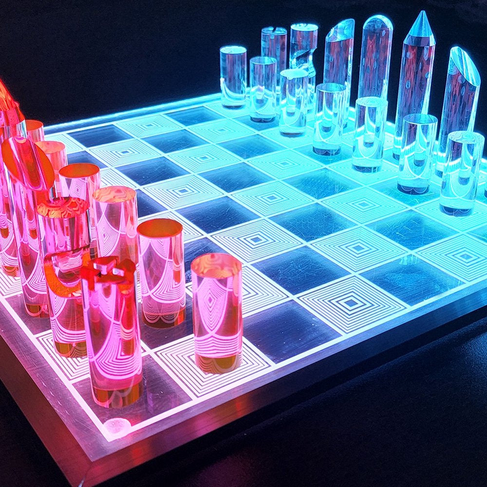 Bust-Down Luxury LED Chess board illuminated in the dark, showcasing the futuristic aesthetic.
