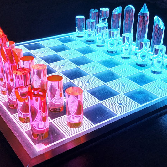 Bust-Down Luxury LED Chess board illuminated in the dark, showcasing the futuristic aesthetic.