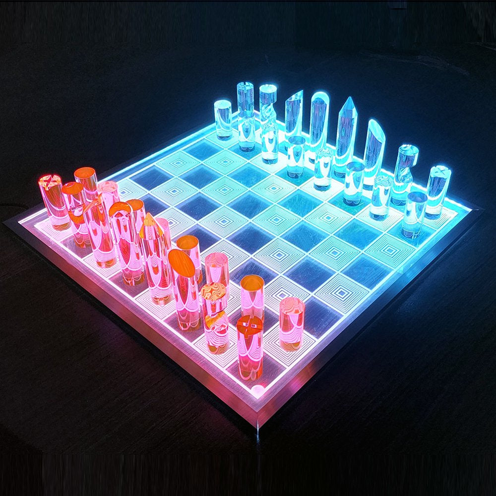 Fire & Ice 3D Chess Set with LED board glowing in blue and red to represent opposing sides.