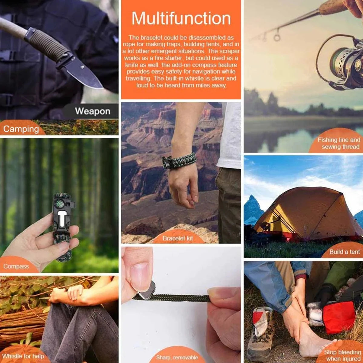 Multifunctional tool with various uses including camping, fishing, and navigation.