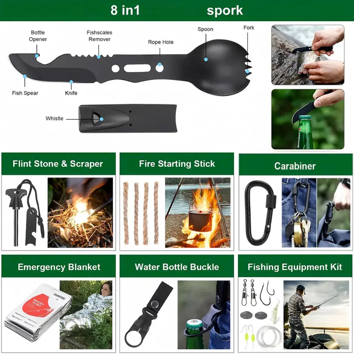 8-in-1 spork with various tools and its uses shown in images.