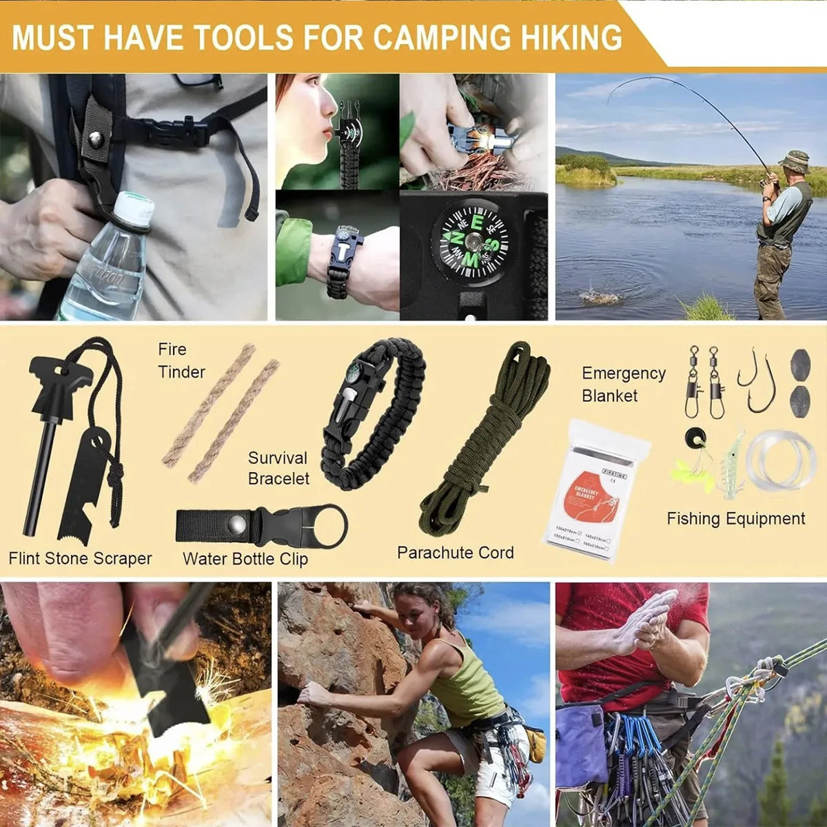 Collage of camping and hiking tools with text 'Must Have Tools for Camping Hiking'.