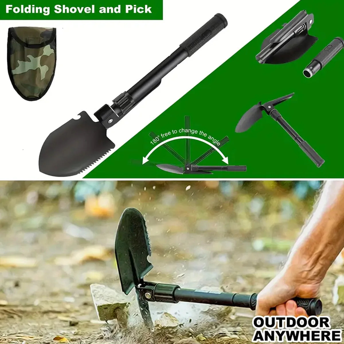 Folding shovel and pick with camouflage sheath on a green background, showing its features and usage.