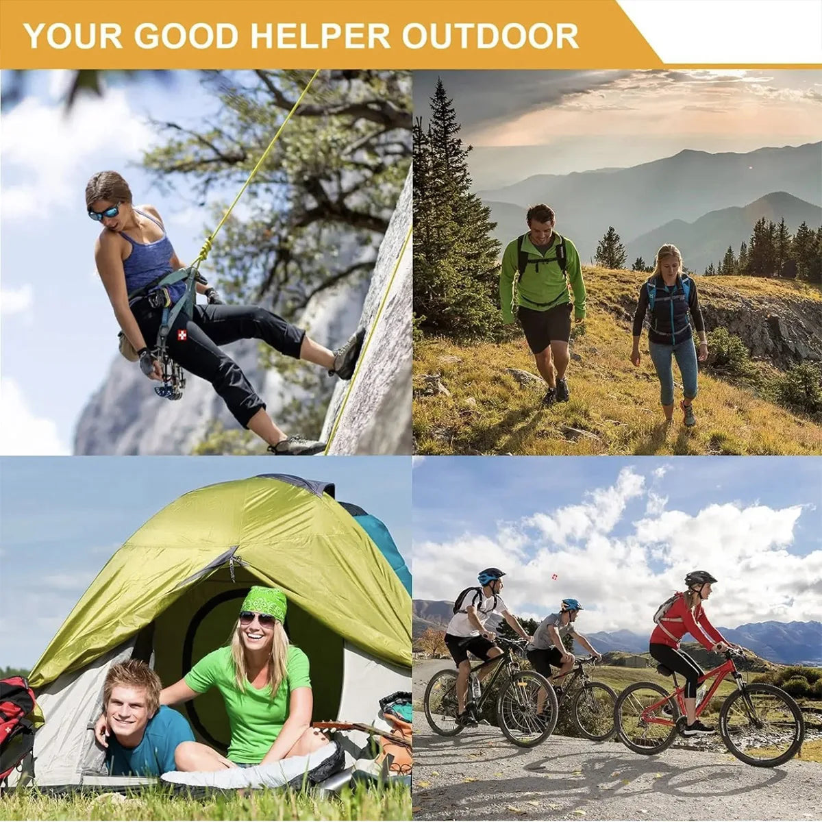 Collage of outdoor activities including climbing, hiking, camping, and cycling with a brand name 'Your Good Helper Outdoor' at the top.