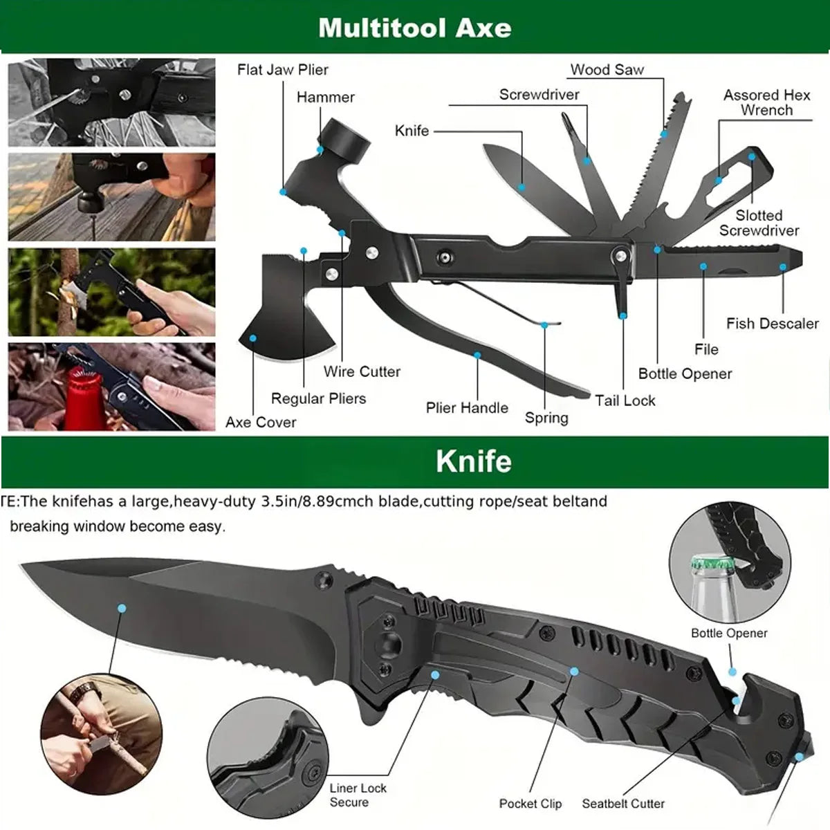 Multitool axe and knife with labeled features and uses
