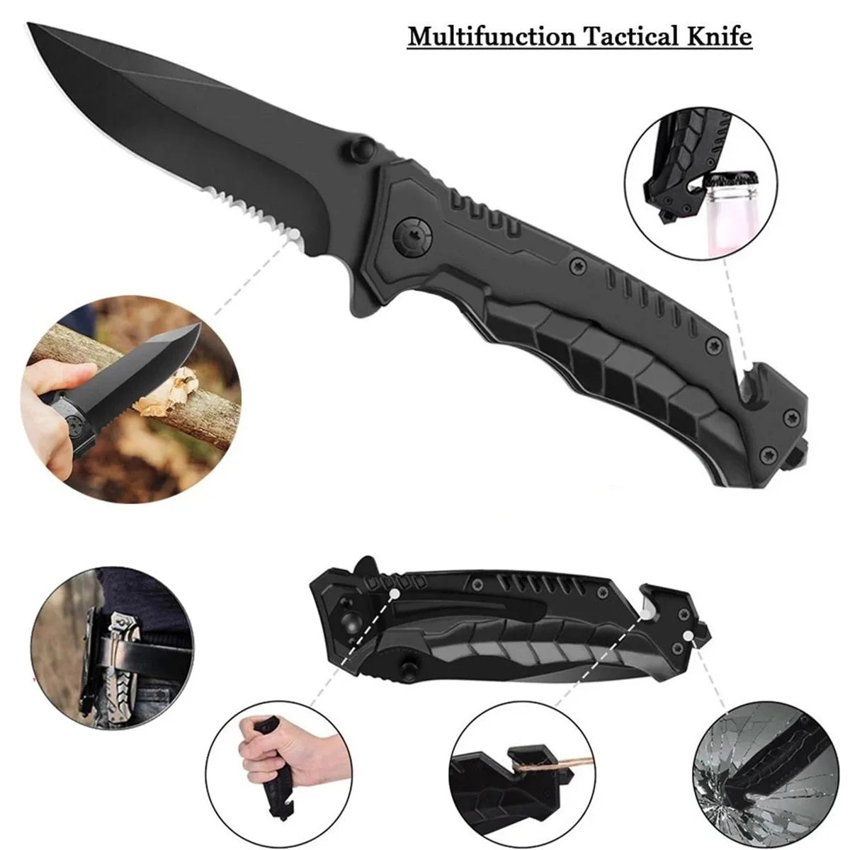Multifunctional tactical knife with various uses shown on a white background