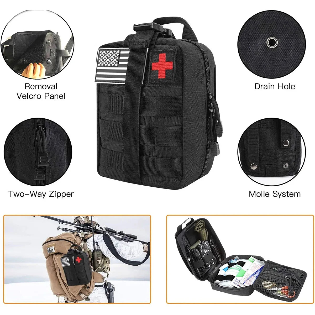 Black tactical bag with medical cross and American flag, featuring removal velcro panel, drain hole, two-way zipper, and molle system.