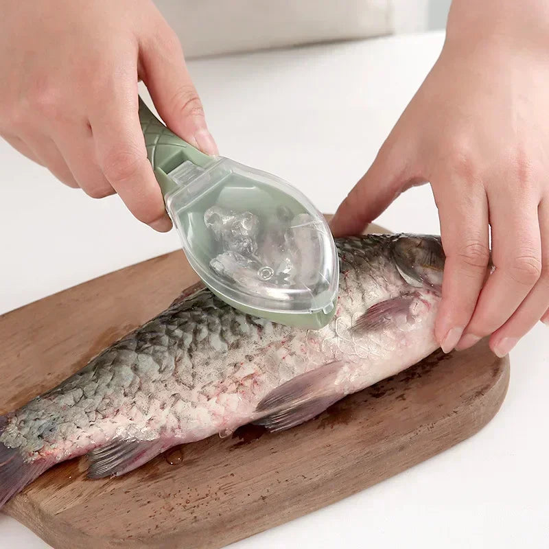 Person using a fish scaler tool on a fish on a wooden cutting board.