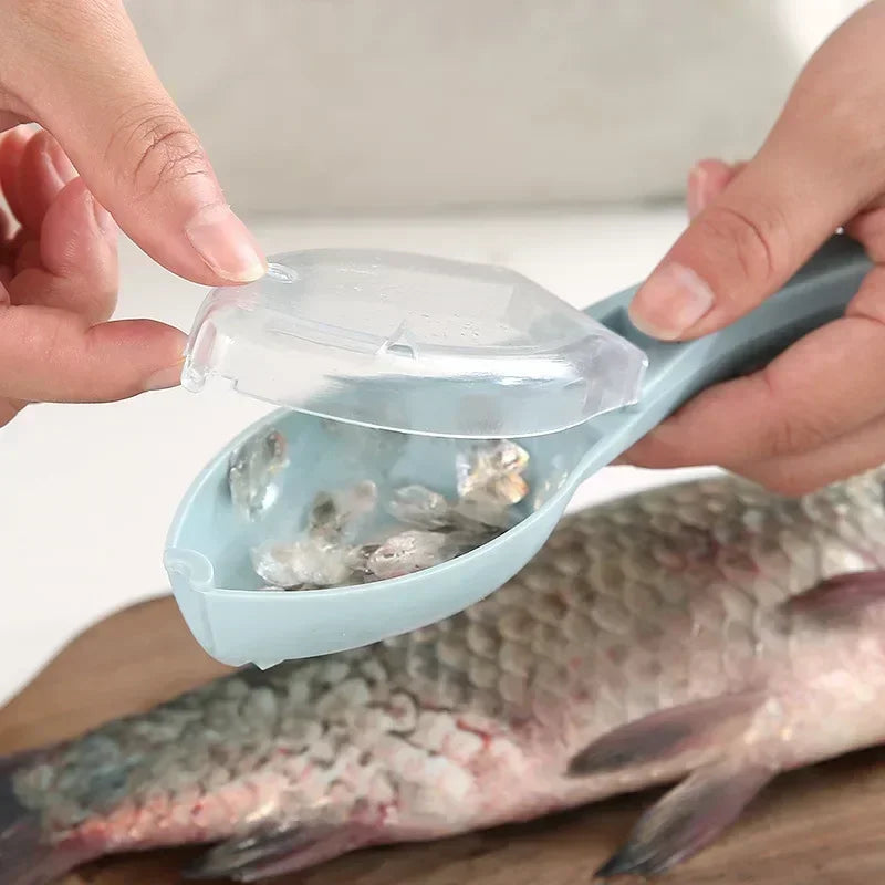 Person using a fish scaler tool on a fish with a plain background