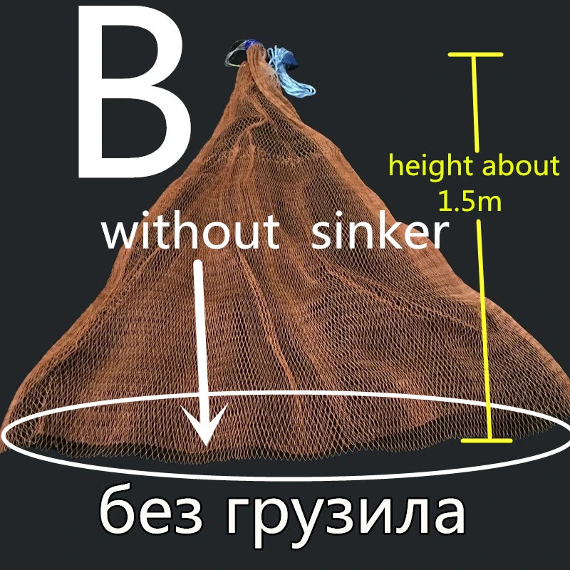 Fishing net with measurements and text on a black background