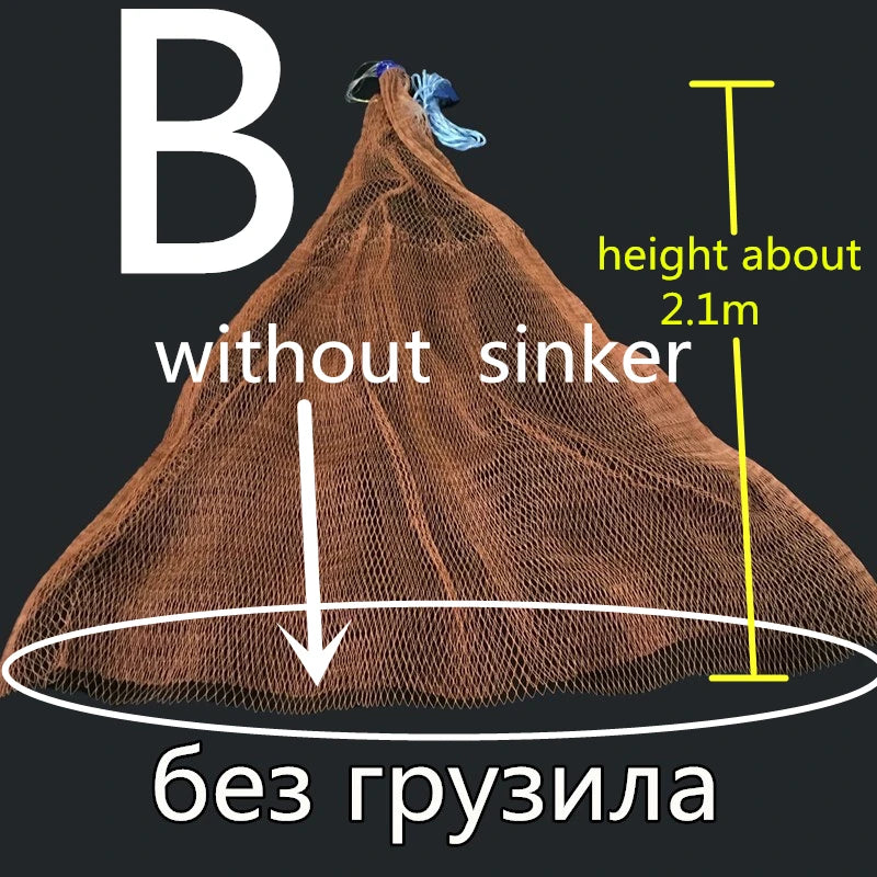 Fishing net without a sinker with measurements and text on a black background
