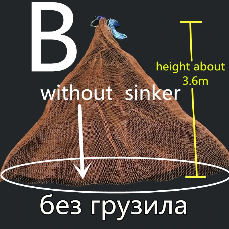 Fishing net without a sinker with measurements and text on a black background