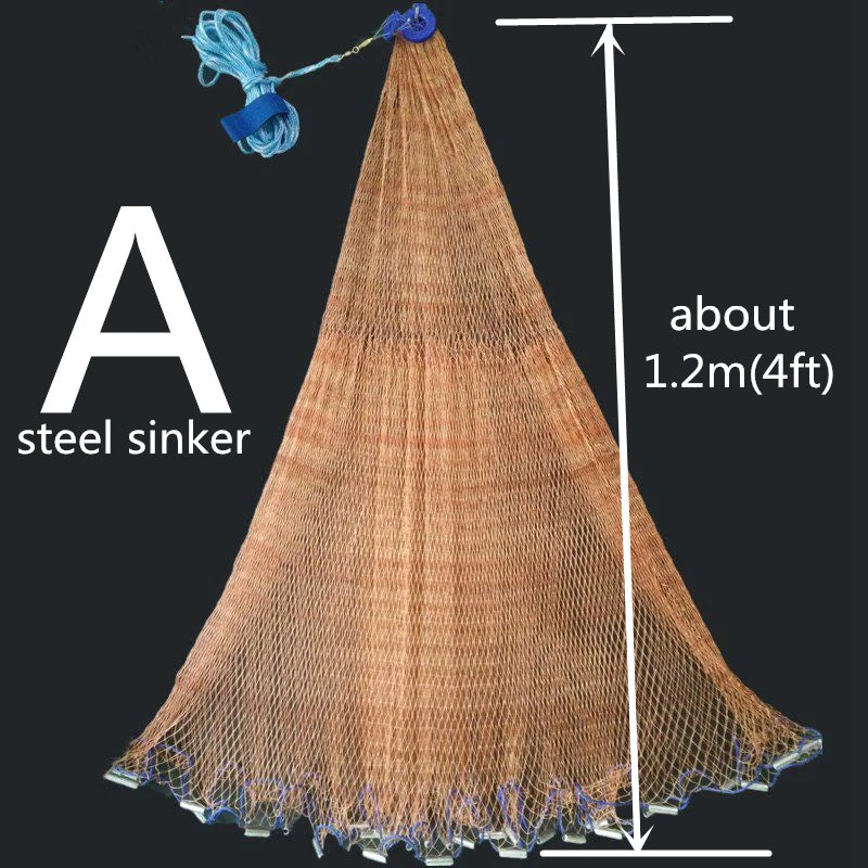 Fishing net with steel sinker and measurement details on a black background