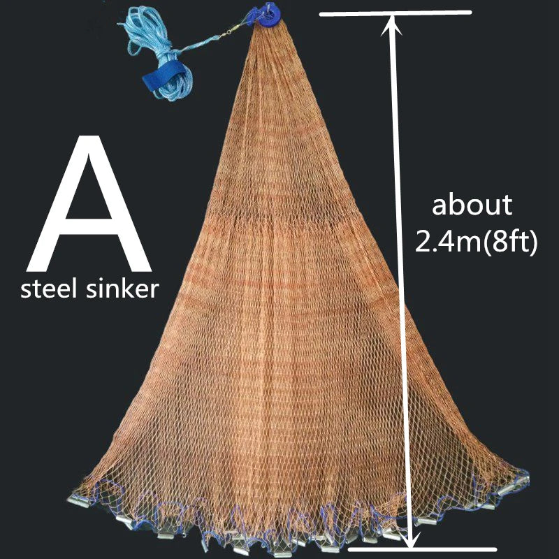 Fishing net with steel sinker and measurement details on a black background