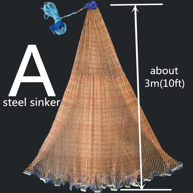 Fishing net with steel sinker and measurement details on a black background